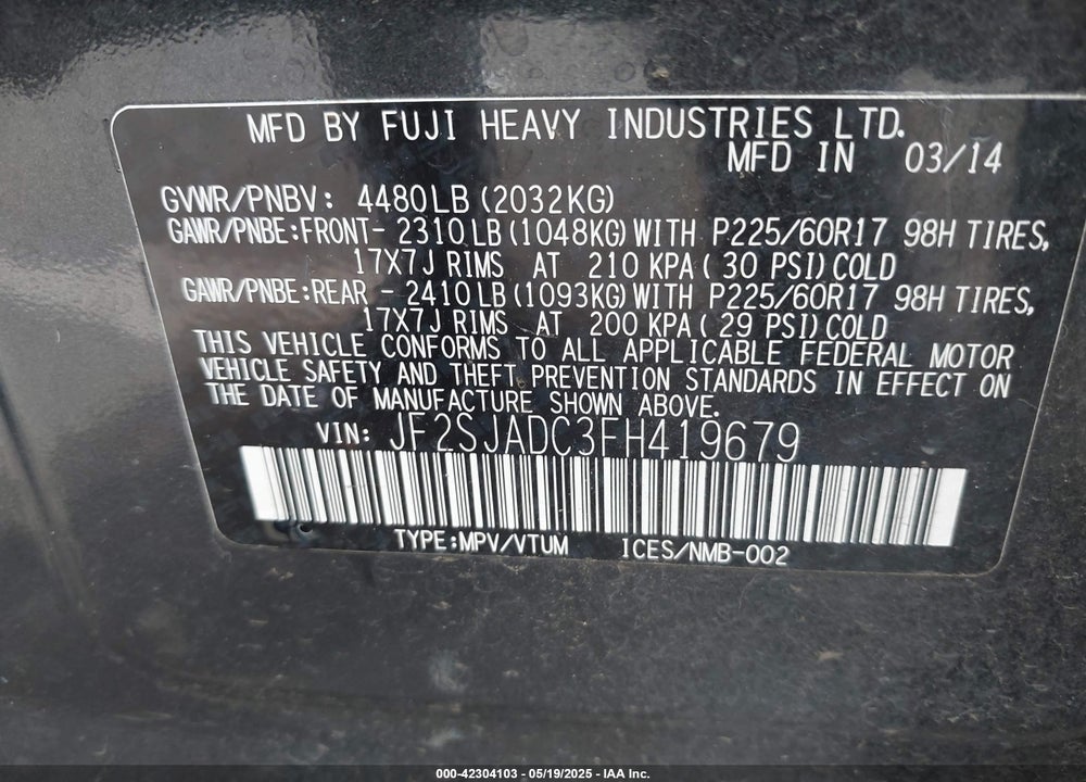2015 SUBARU FORESTER VIN: JF2SJADC3FH419679