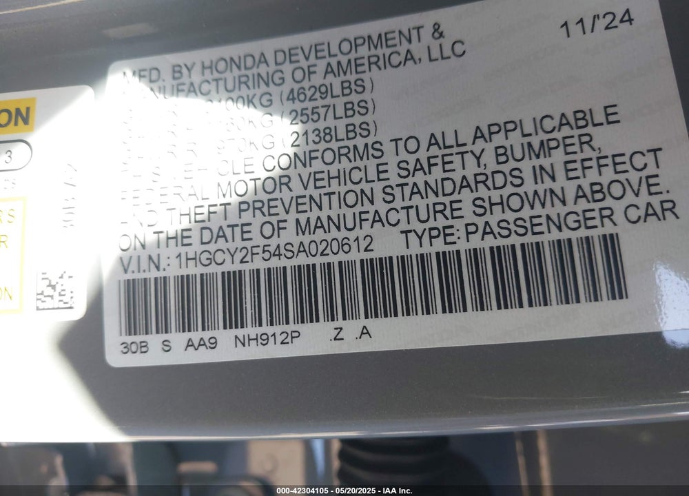2025 HONDA ACCORD VIN: 1HGCY2F54SA020612
