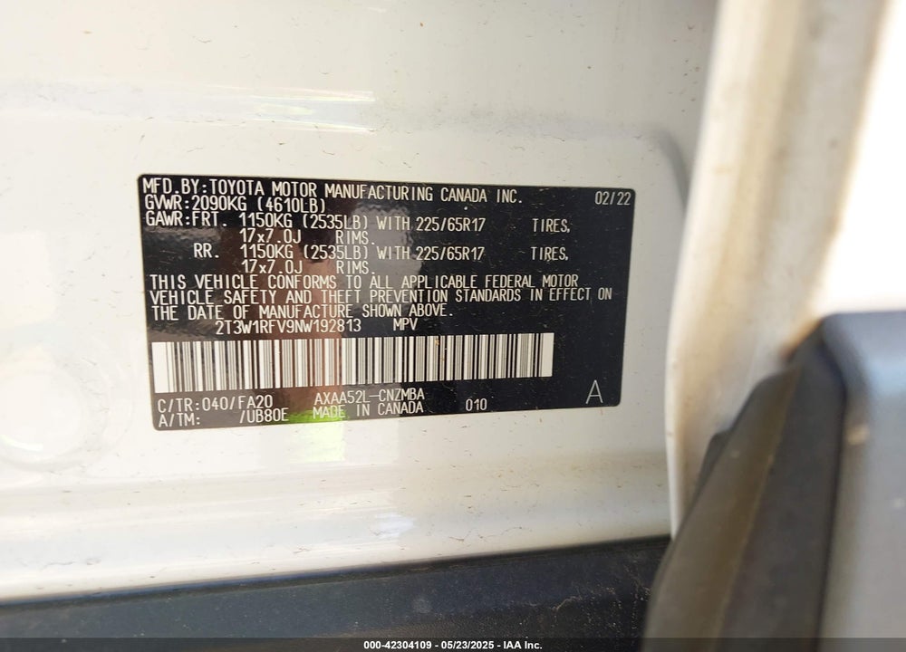 2022 TOYOTA RAV4 VIN: 2T3W1RFV9NW192813