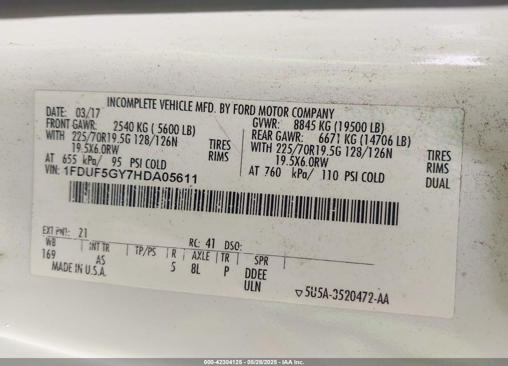 2017 FORD F-550 CHASSIS XL VIN: 1FDUF5GY7HDA05611