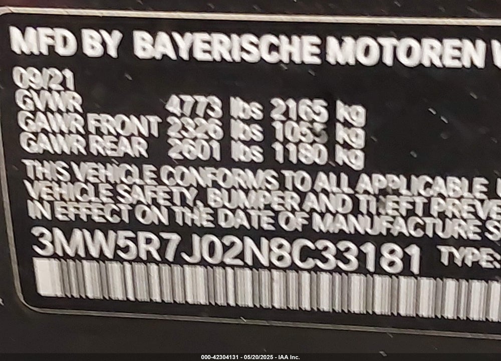 2022 BMW 3 SERIES VIN: 3MW5R7J02N8C33181