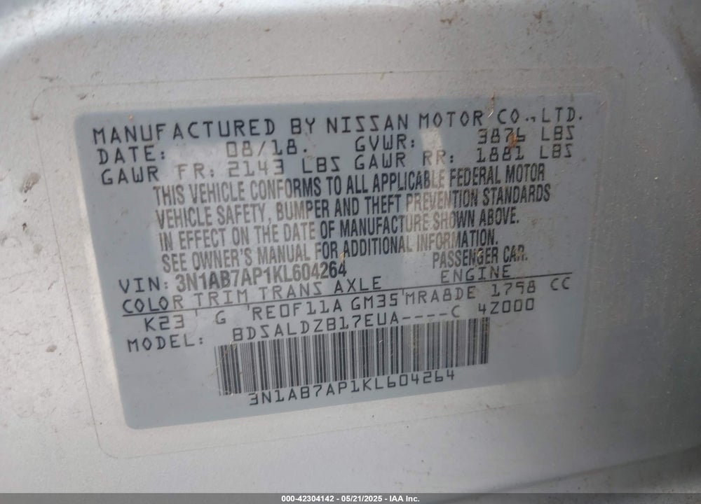 2019 NISSAN SENTRA VIN: 3N1AB7AP1KL604264