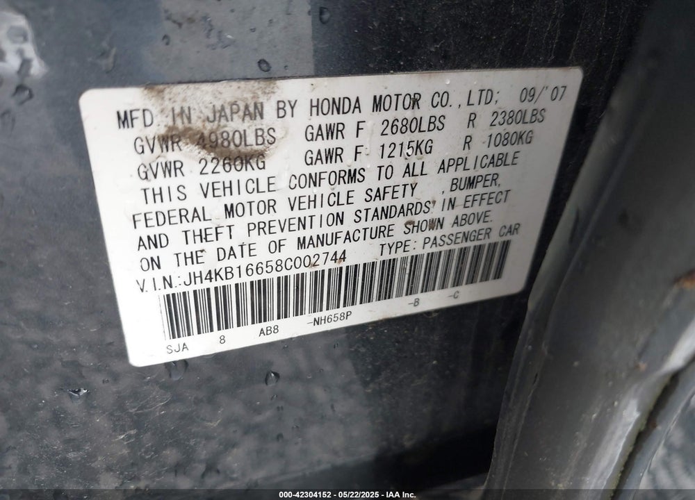 2008 ACURA RL VIN: JH4KB16658C002744