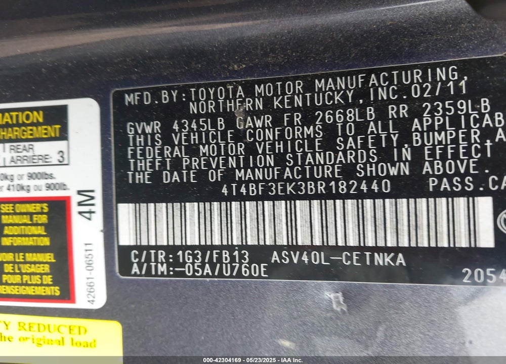 2011 TOYOTA CAMRY LE/SE/XLE VIN: 4T4BF3EK3BR182440