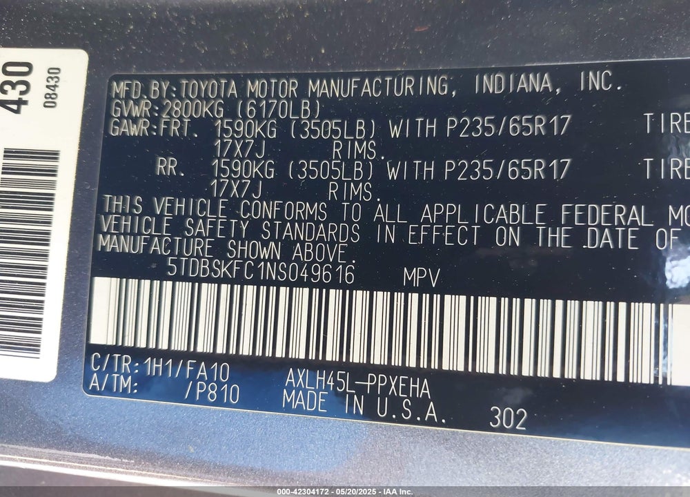 2022 TOYOTA SIENNA VIN: 5TDBSKFC1NS049616