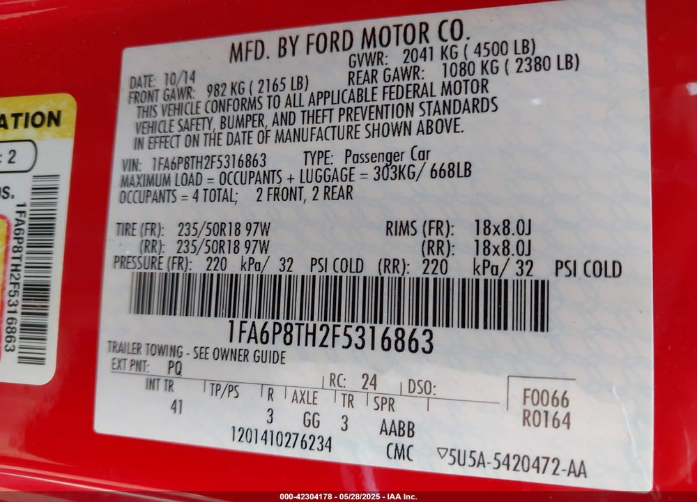 2015 FORD MUSTANG VIN: 1FA6P8TH2F5316863