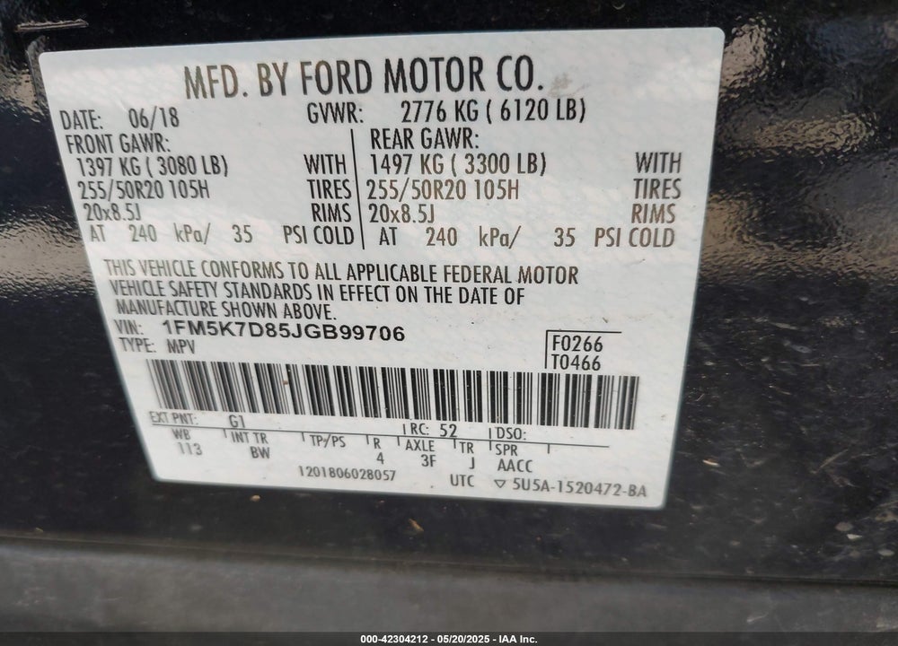 2018 FORD EXPLORER VIN: 1FM5K7D85JGB99706