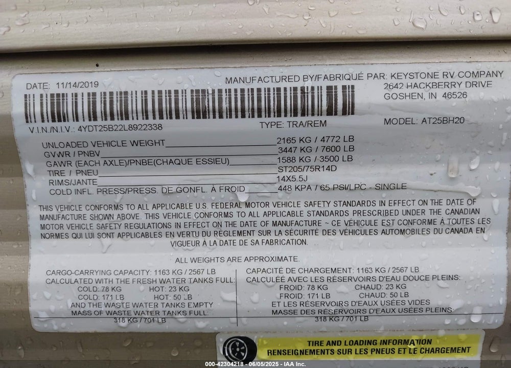 2020 ASPEN TRAIL LE SERIES M-25BH VIN: 4YDT25B22L8922338