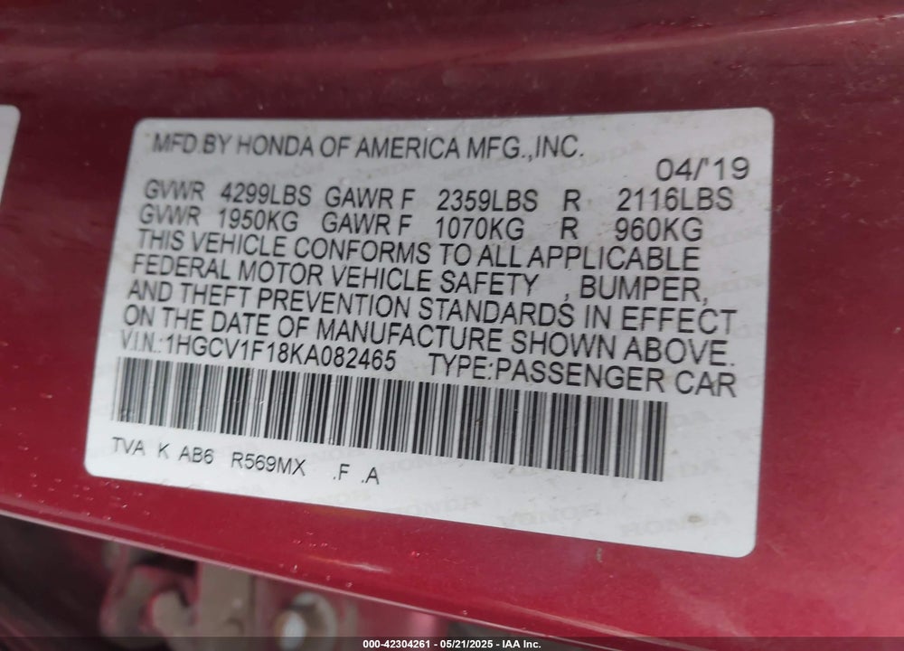 2019 HONDA ACCORD VIN: 1HGCV1F18KA082465