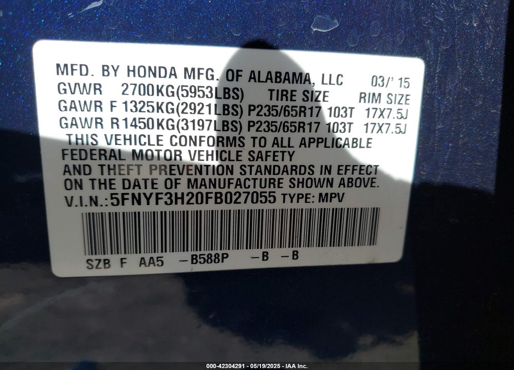 2015 HONDA PILOT LX VIN: 5FNYF3H20FB027055