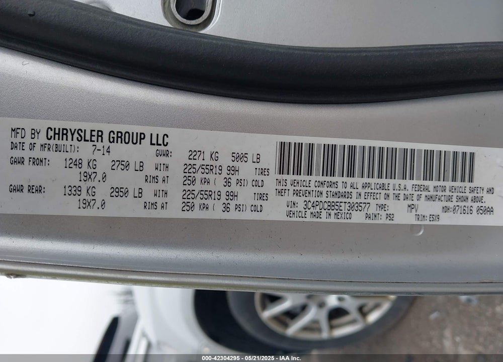 2014 DODGE JOURNEY VIN: 3C4PDCBB5ET303577