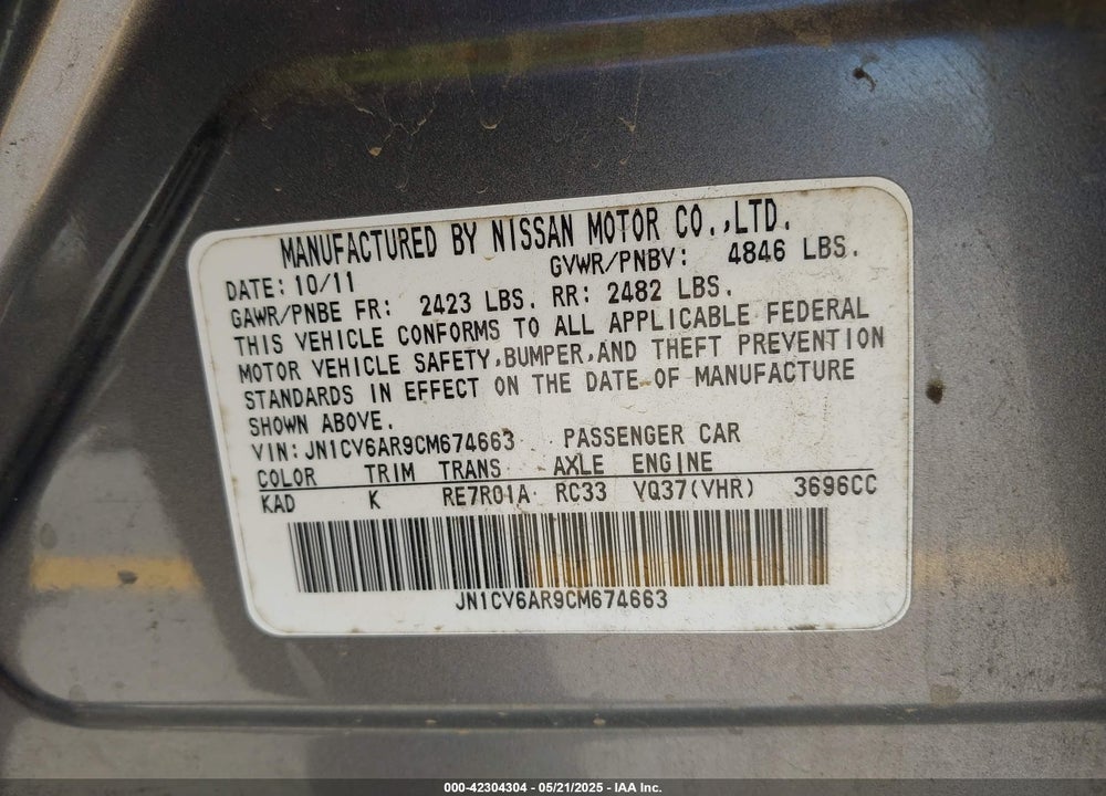 2012 INFINITI G37X VIN: JN1CV6AR9CM674663