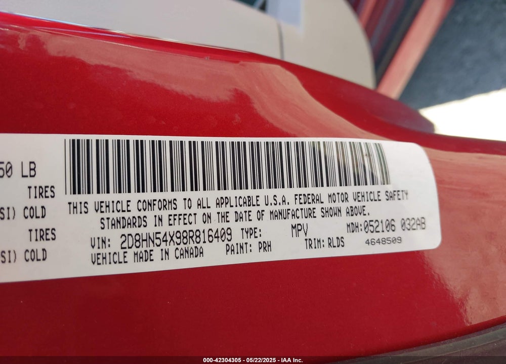2008 DODGE GRAND CARAVAN VIN: 2D8HN54X98R816409