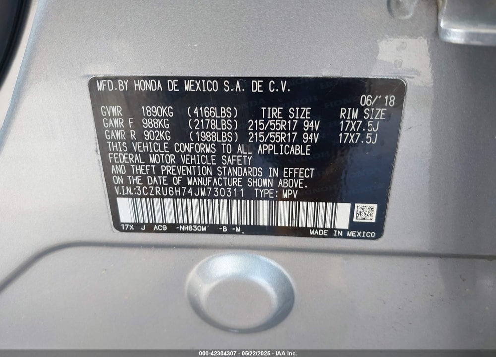 2018 HONDA HR-V VIN: 3CZRU6H74JM730311