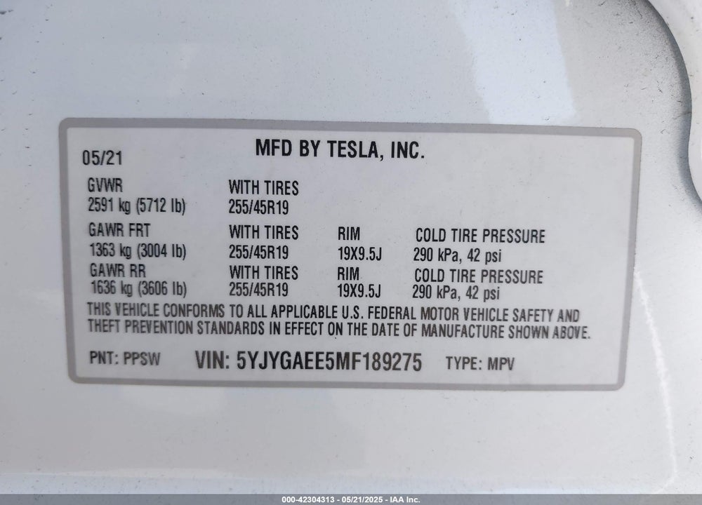 2021 TESLA MODEL Y VIN: 5YJYGAEE5MF189275
