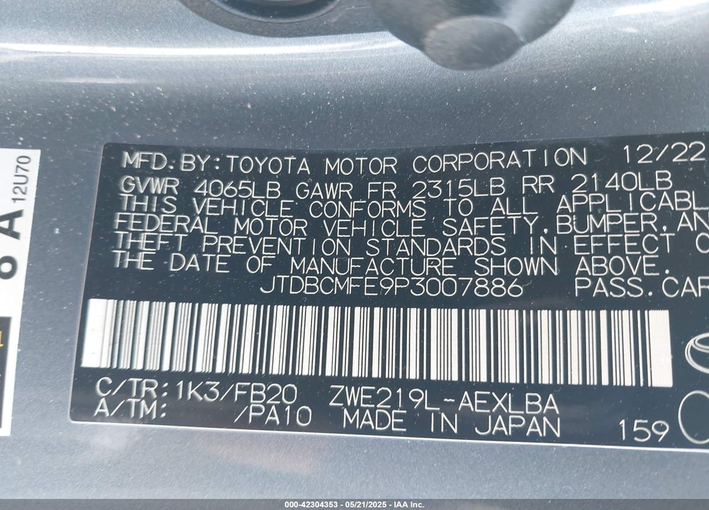 2023 TOYOTA COROLLA VIN: JTDBCMFE9P3007886