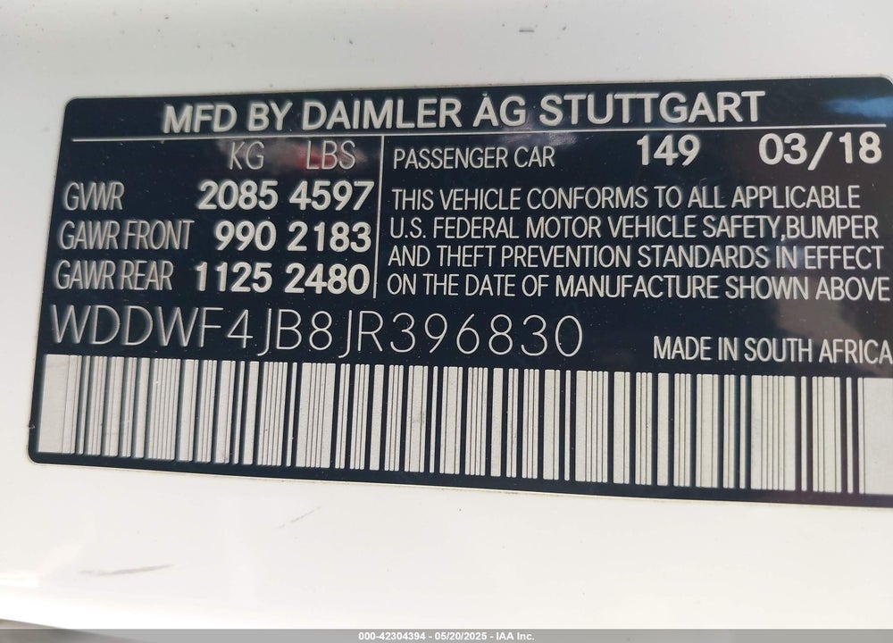 2018 MERCEDES-BENZ C 300 VIN: WDDWF4JB8JR396830