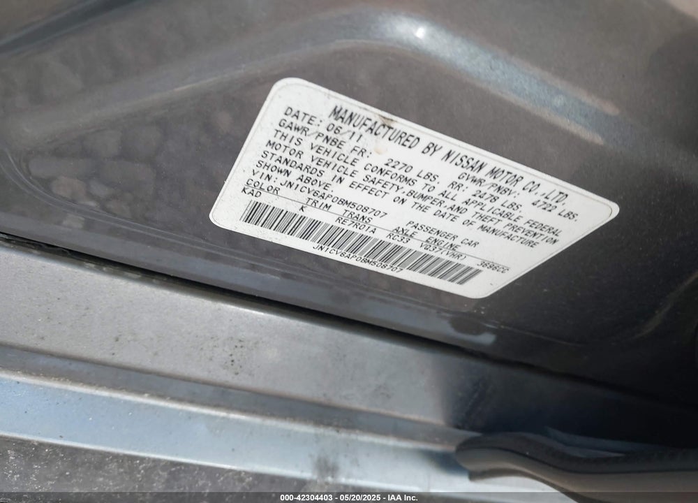 2011 INFINITI G37 VIN: JN1CV6AP0BM508707