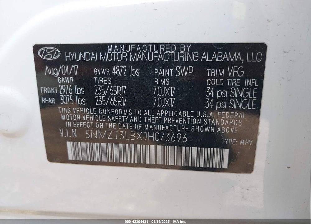 2018 HYUNDAI SANTA FE SPORT VIN: 5NMZT3LBXJH073696