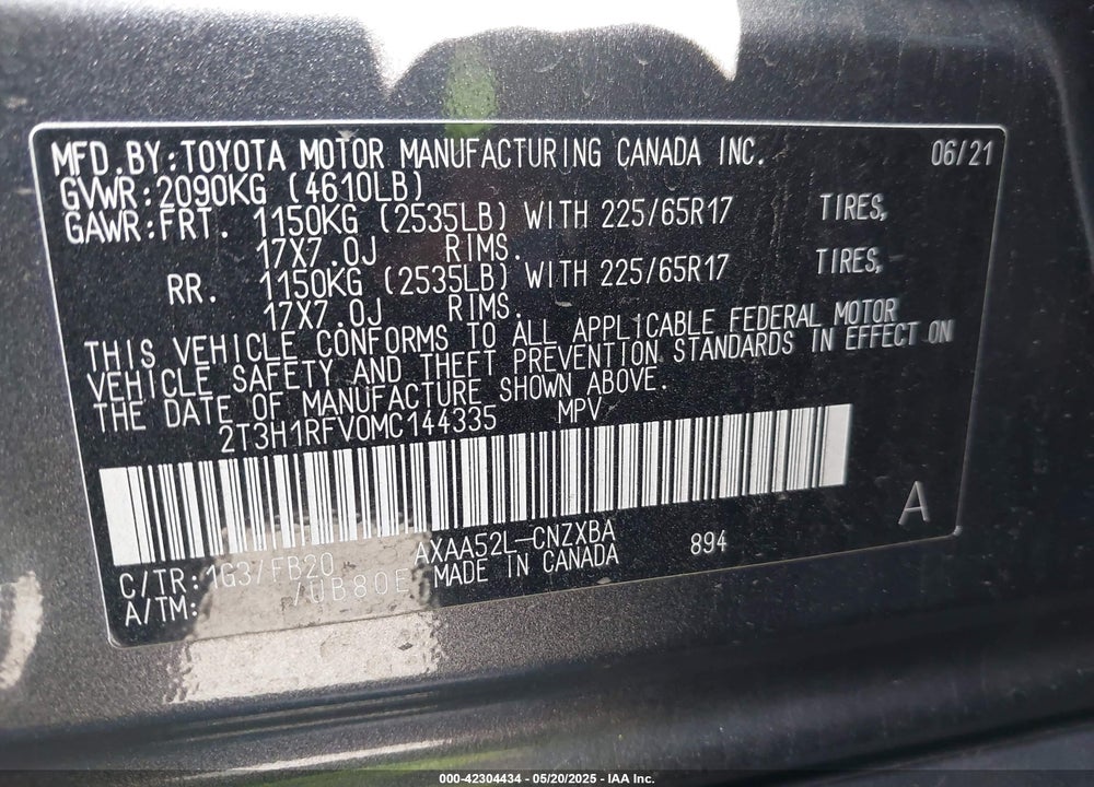 2021 TOYOTA RAV4 LE VIN: 2T3H1RFV0MC144335