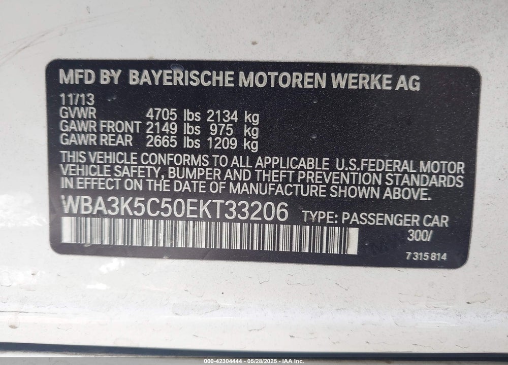 2014 BMW 328 VIN: WBA3K5C50EKT33206