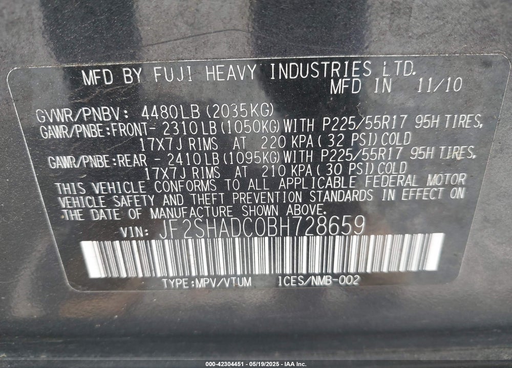 2011 SUBARU FORESTER 2.5X PREMIUM VIN: JF2SHADC0BH728659