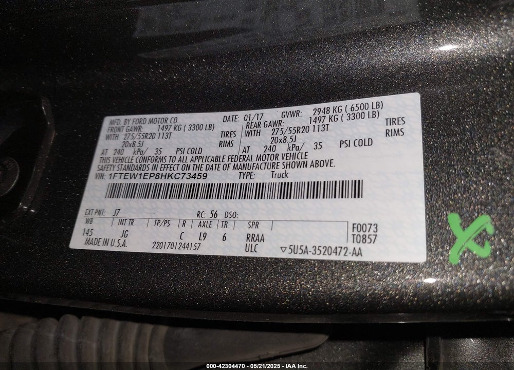 2017 FORD F-150 XL VIN: 1FTEW1EP8HKC73459