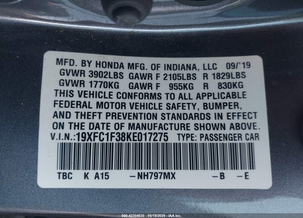 2019 HONDA CIVIC EX VIN: 19XFC1F38KE017275
