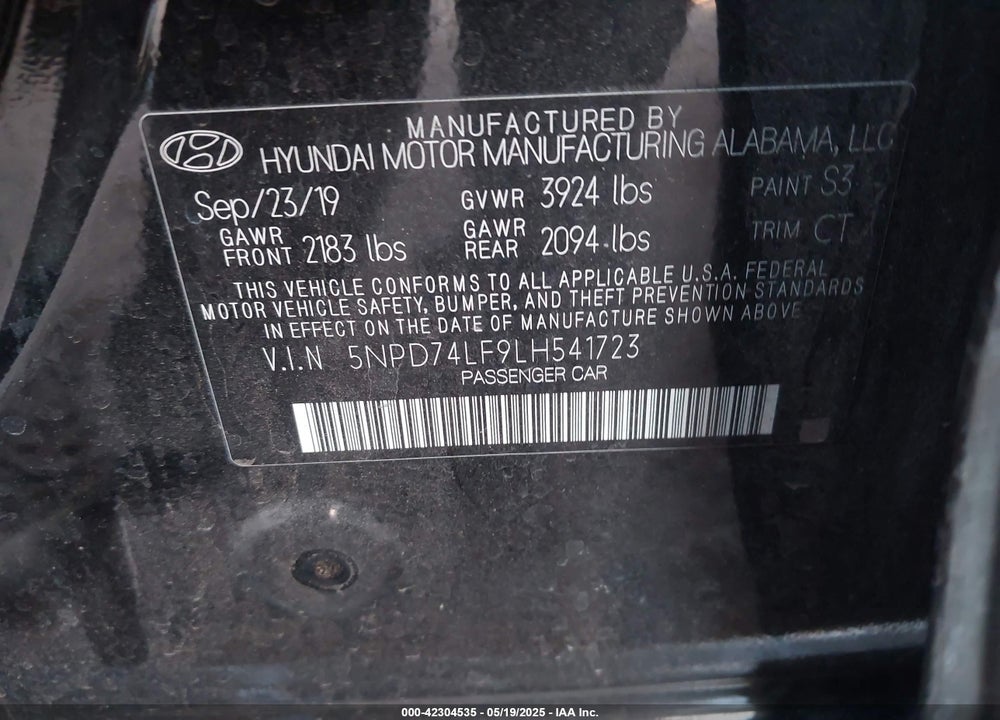 2020 HYUNDAI ELANTRA SE VIN: 5NPD74LF9LH541723