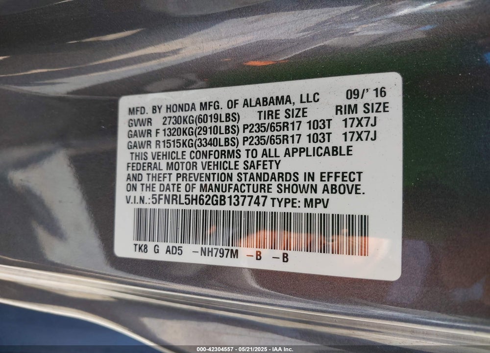 2016 HONDA ODYSSEY EX-L VIN: 5FNRL5H62GB137747
