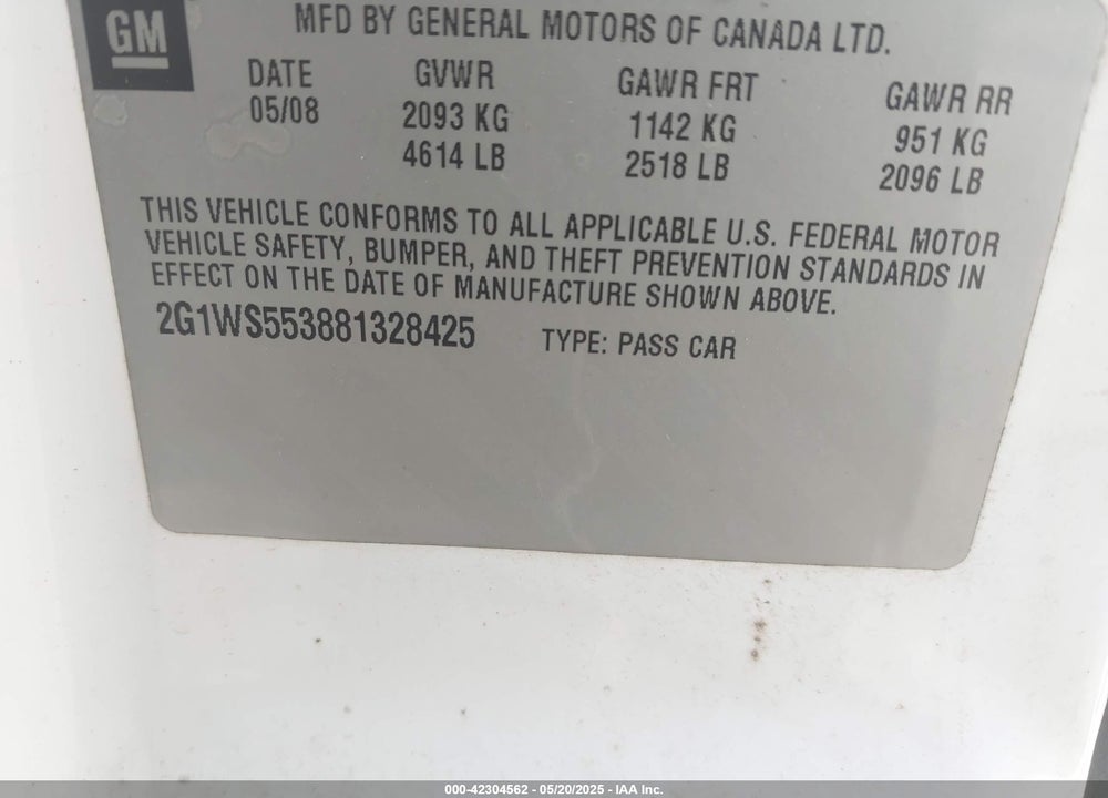 2008 CHEVROLET IMPALA VIN: 2G1WS553881328425