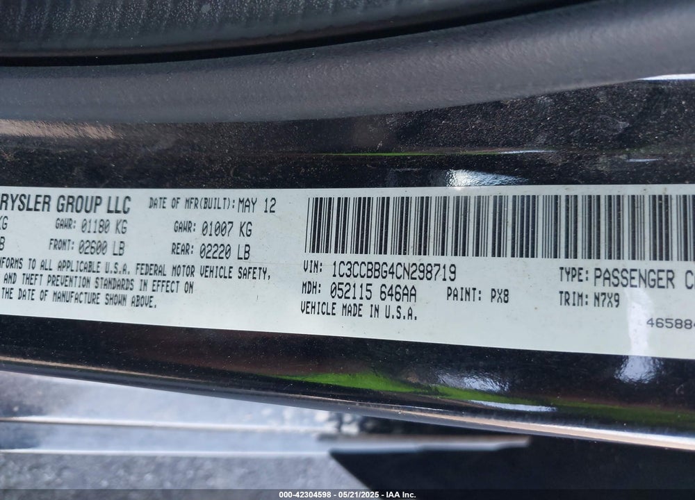 2012 CHRYSLER 200 VIN: 1C3CCBBG4CN298719