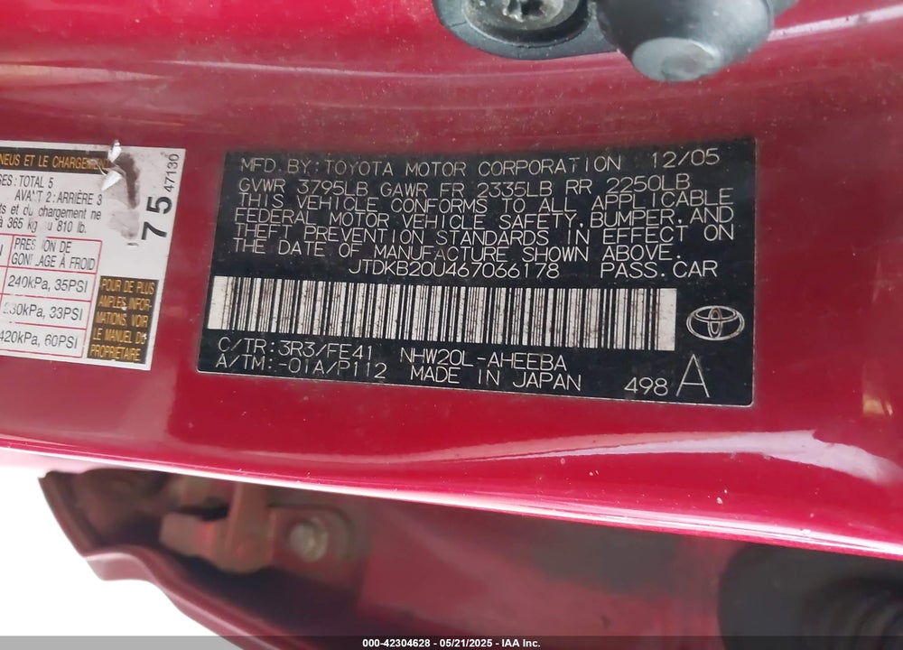 2006 TOYOTA PRIUS VIN: JTDKB20U467066178