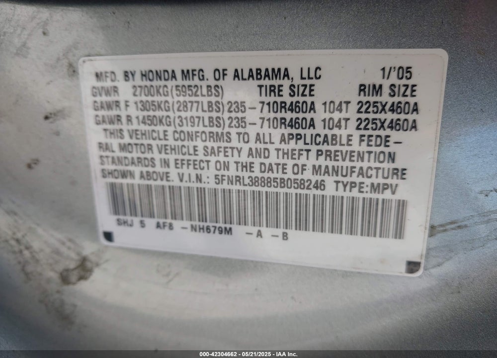 2005 HONDA ODYSSEY TOURING VIN: 5FNRL38885B058246
