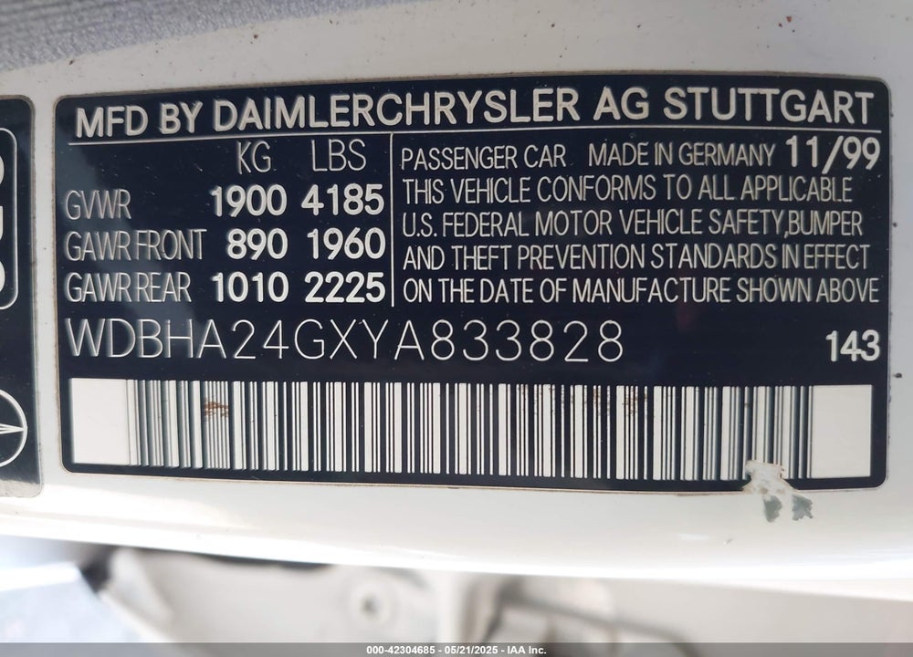2000 MERCEDES-BENZ C 230 KOMPRESSOR VIN: WDBHA24GXYA833828