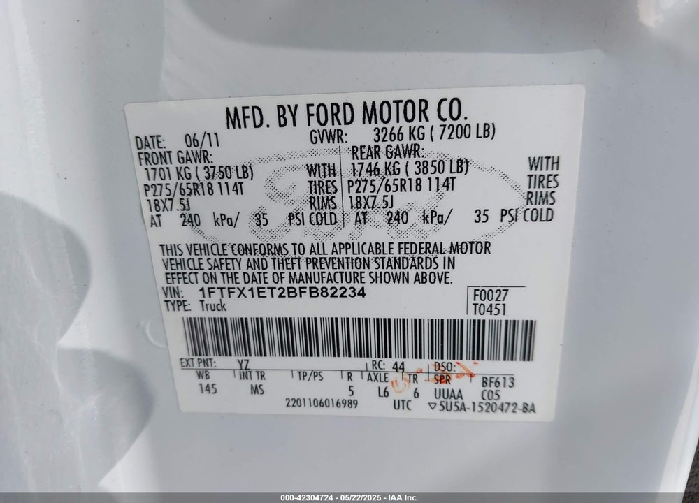 2011 FORD F-150 VIN: 1FTFX1ET2BFB82234