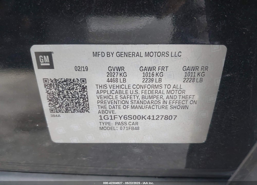 2019 CHEVROLET BOLT EV LT VIN: 1G1FY6S00K4127807