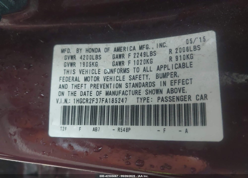 2015 HONDA ACCORD VIN: 1HGCR2F37FA185247