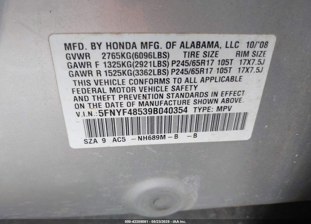 2009 HONDA PILOT VIN: 5FNYF48539B040354