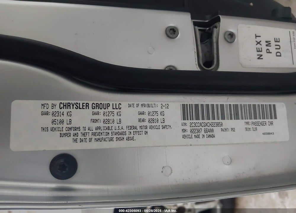 2012 CHRYSLER 300 LIMITED VIN: 2C3CCACGXCH223850