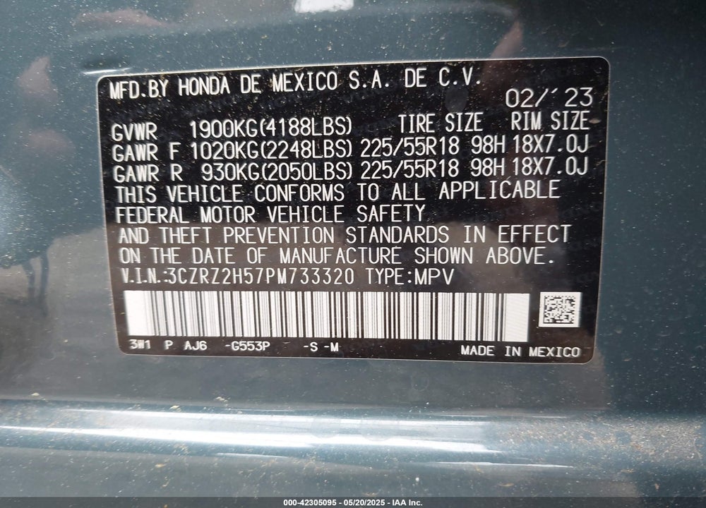 2023 HONDA HR-V VIN: 3CZRZ2H57PM733320