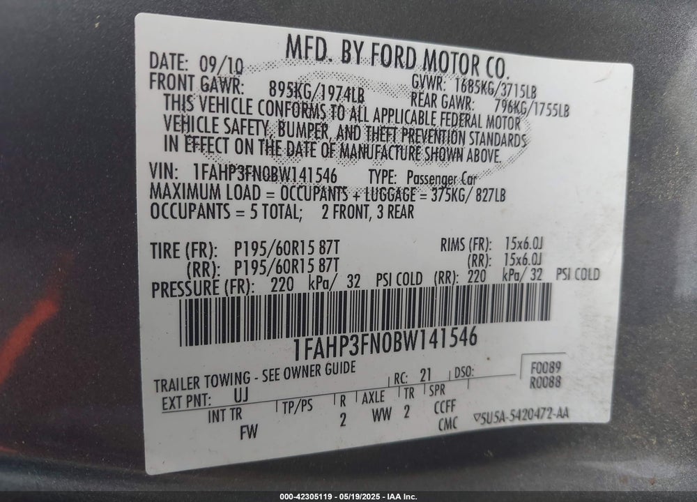 2011 FORD FOCUS VIN: 1FAHP3FN0BW141546