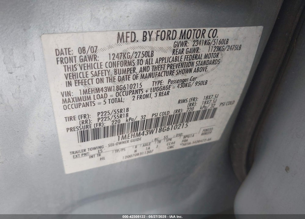 2008 MERCURY SABLE VIN: 1MEHM43W18G610215