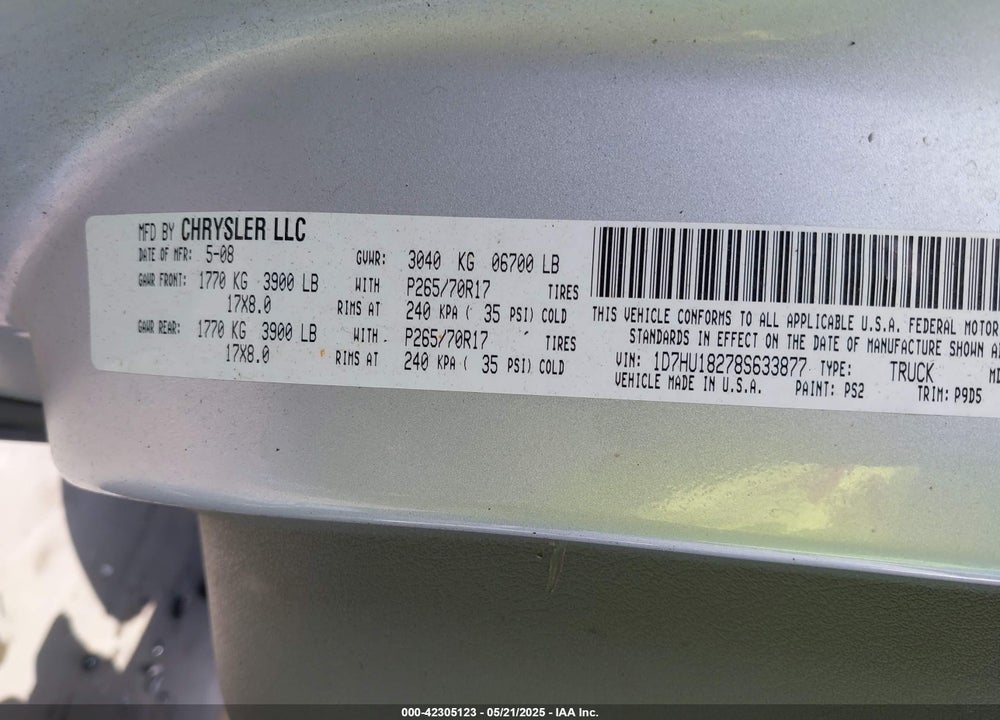 2008 DODGE RAM 1500 SLT VIN: 1D7HU18278S633877