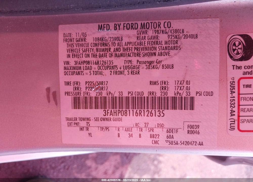 2006 FORD FUSION VIN: 3FAHP08116R126135