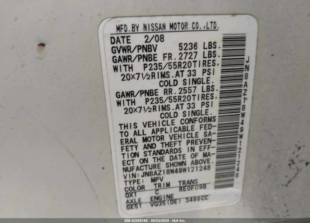 2009 NISSAN MURANO VIN: JN8AZ18W49W121248
