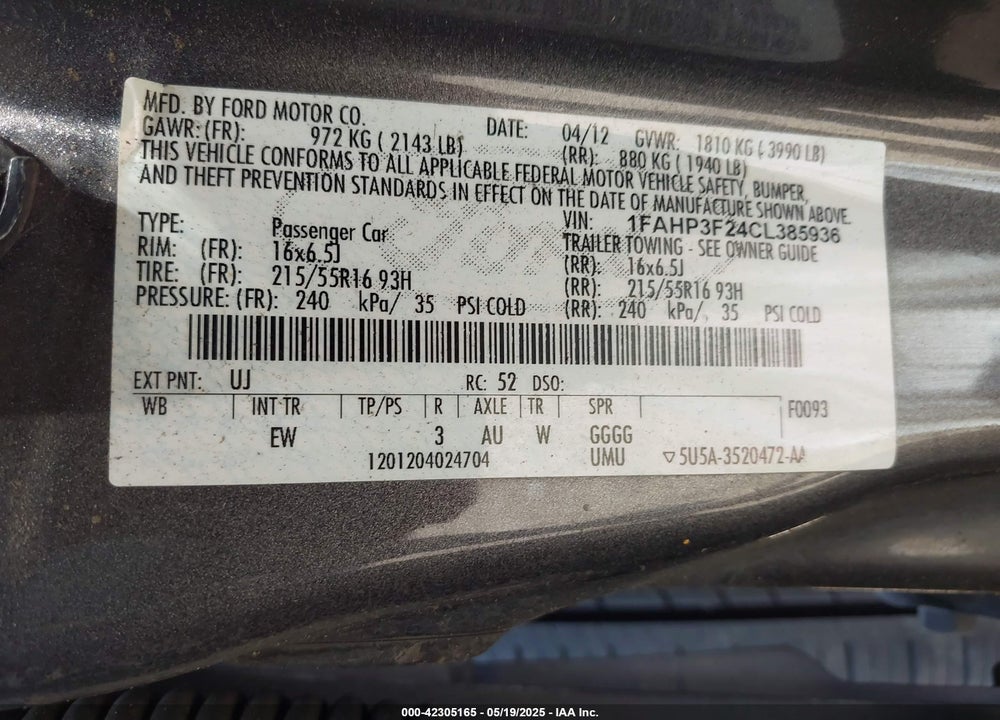 2012 FORD FOCUS VIN: 1FAHP3F24CL385936