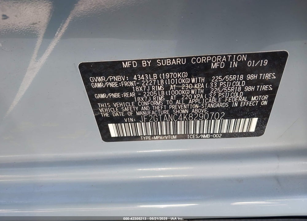 2019 SUBARU CROSSTREK VIN: JF2GTANC4K8290702