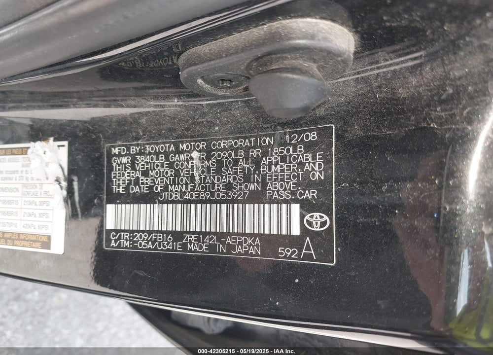 2009 TOYOTA COROLLA VIN: JTDBL40E89J053927