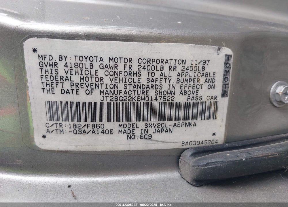 1998 TOYOTA CAMRY LE VIN: JT2BG22K6W0147522